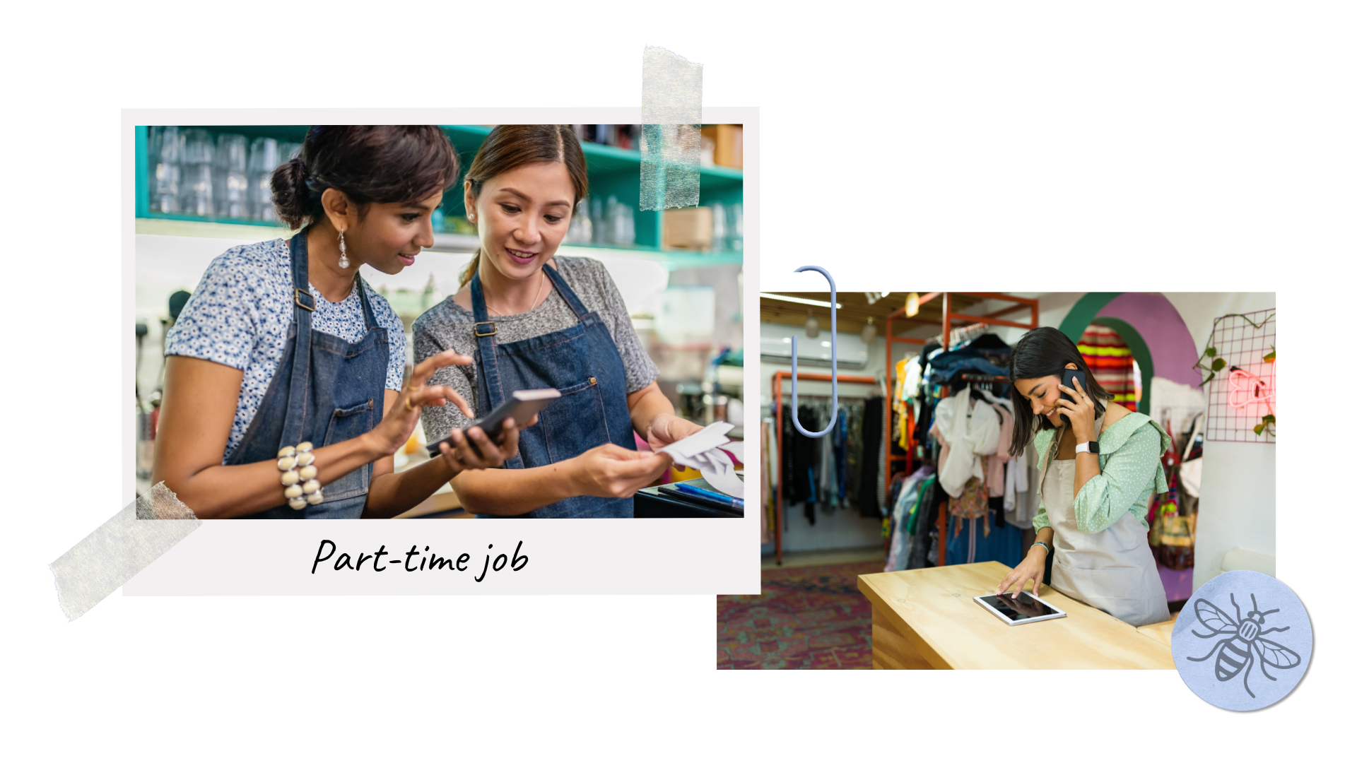 Photo of two girls wearing an apron and also a girl working in a clothes shop