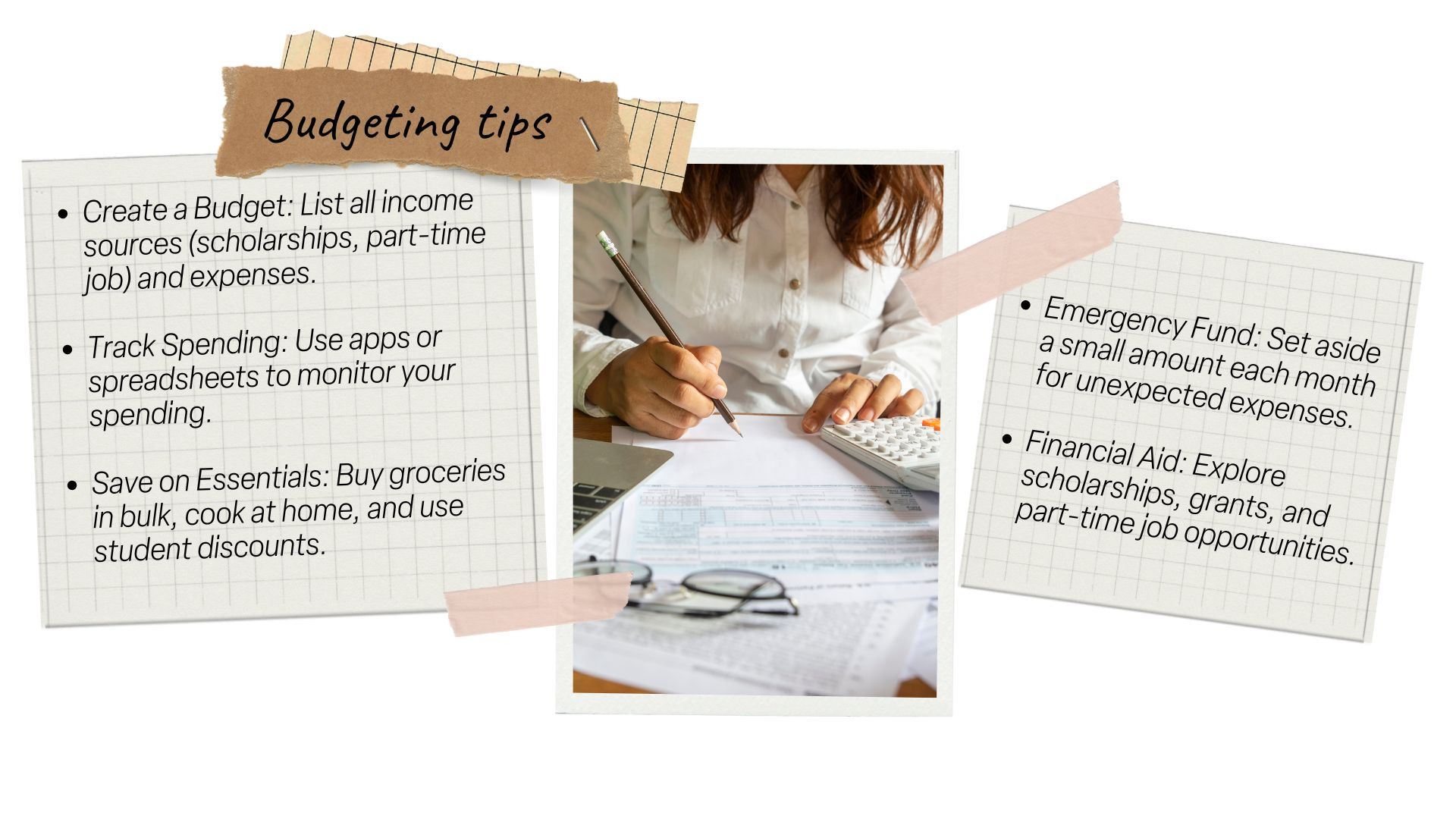 Collage of notes and a photo of person holding a pencil, sat at a table with papers, calculator glasses