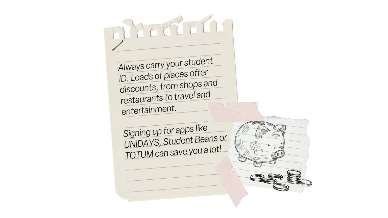 Note and sketch of piggy bank and coins