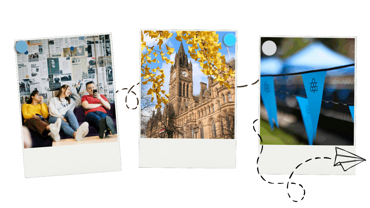 Image showing 3 photos - Students sat on sofa, Manchester town hall, Man Met bunting. Line drawing of paper aeroplane.