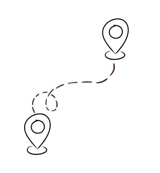Line drawing showing two locations joined by a dashed line