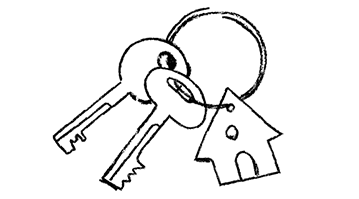 Line drawing of keys with a house keyring