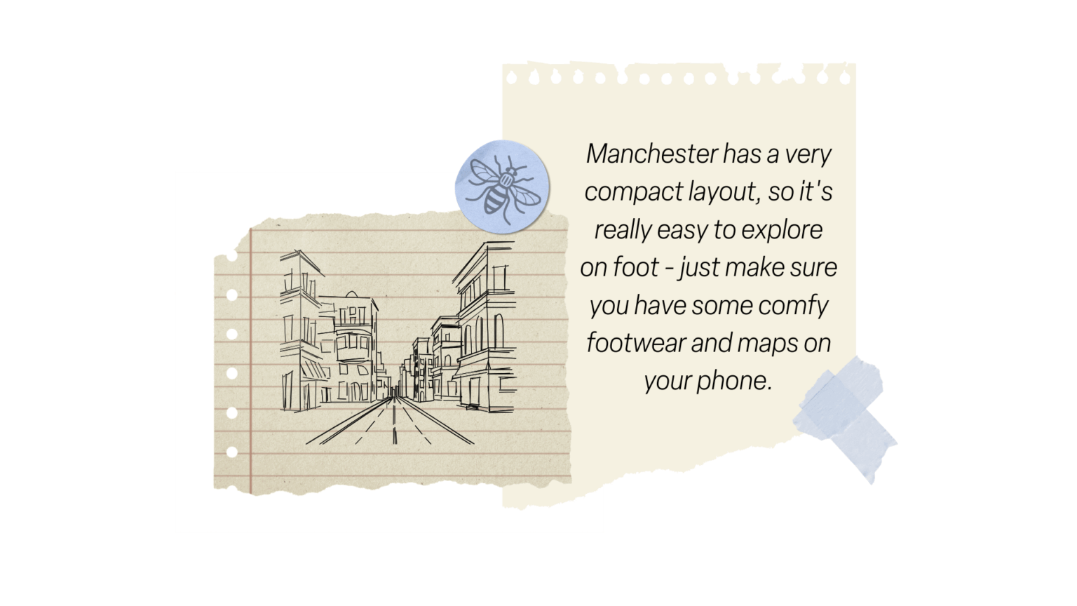 Note and line drawing of buildings