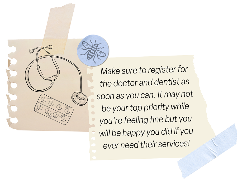 note and sketch of doctors stethoscope and packet of tablets
