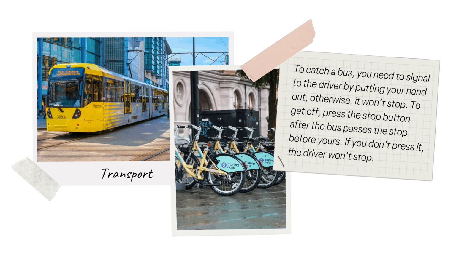 Note with a photo of a yellow tram and another photo of yellow bikes