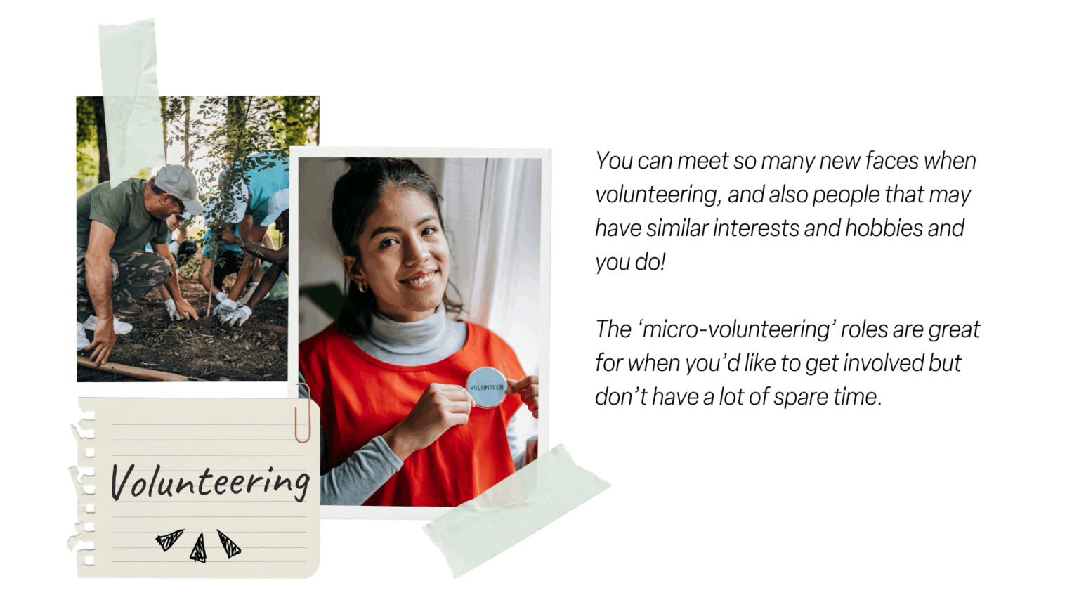 Note with photos of people planting trees and another of someone wearing an orange top and volunteering badge