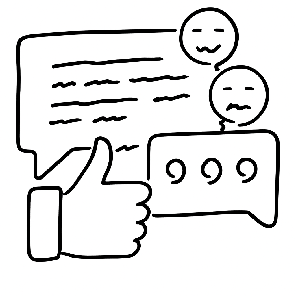Sketch of speech bubbles with thumbs up and face emojis